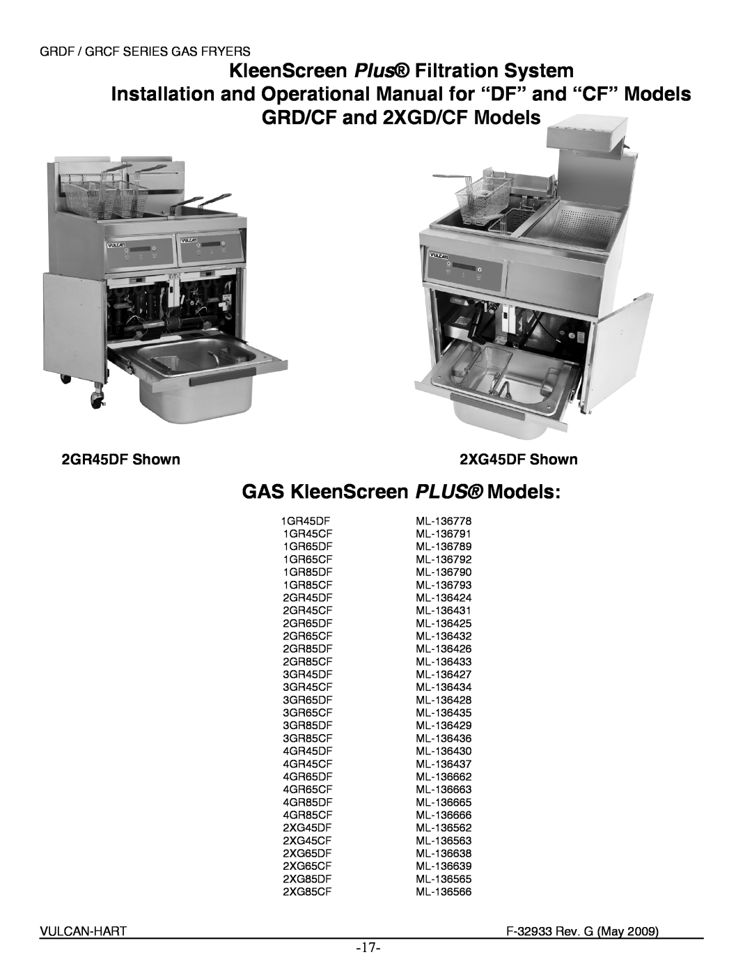 Vulcan-Hart 2GR45CF ML-136431 KleenScreen Plus Filtration System, GRD/CF and 2XGD/CF Models, GAS KleenScreen PLUS Models 