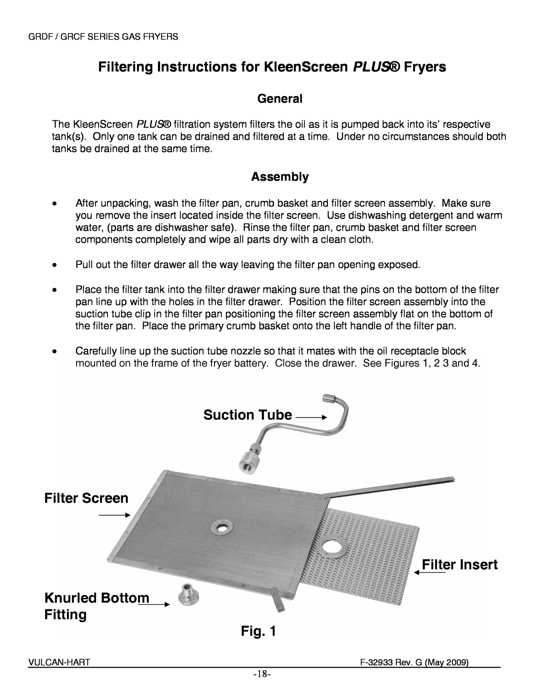 Vulcan-Hart 1GR85D ML-136413, 3GR45DF ML-136427 manual Filtering Instructions for KleenScreen PLUS Fryers, General, Assembly 
