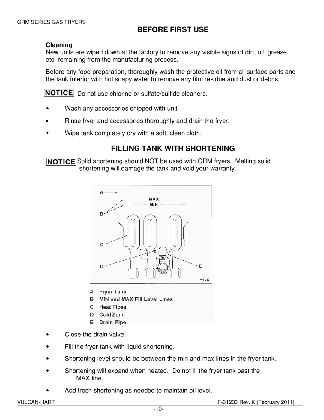 Vulcan-Hart 1GR45M ML-136408, 4GR45MF ML-136423, 3GR85MF ML-136422 Before First USE, Filling Tank with Shortening, Cleaning 