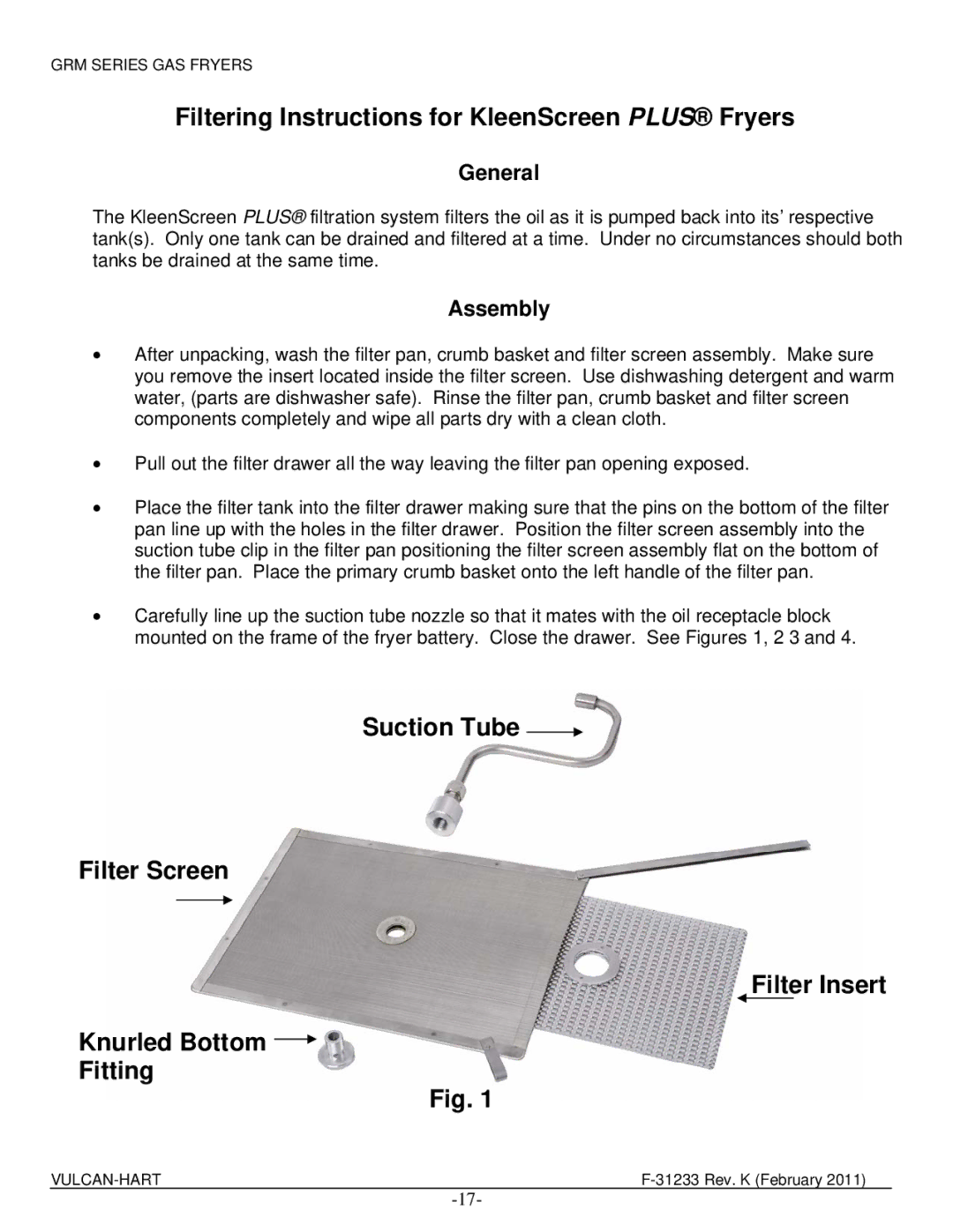 Vulcan-Hart 3GR65MF ML-136421, 4GR45MF ML-136423, 3GR85MF ML-136422 manual Filtering Instructions for KleenScreen Plus Fryers 