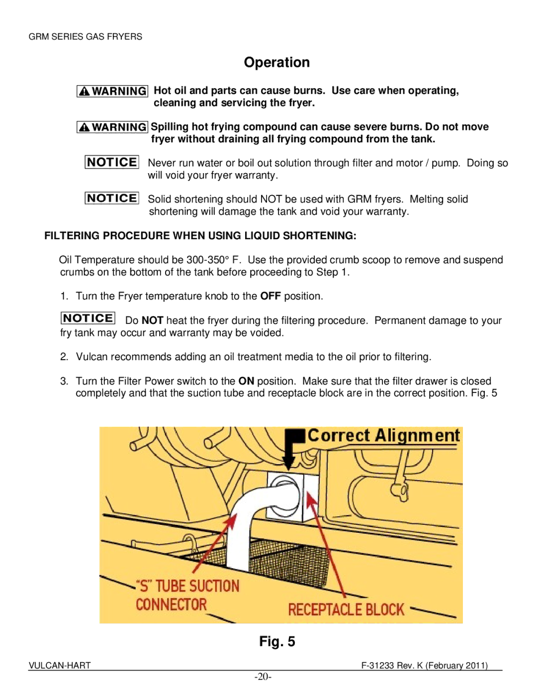 Vulcan-Hart 2GR45MF ML-136417, 4GR45MF ML-136423 manual Operation, Filtering Procedure When Using Liquid Shortening 