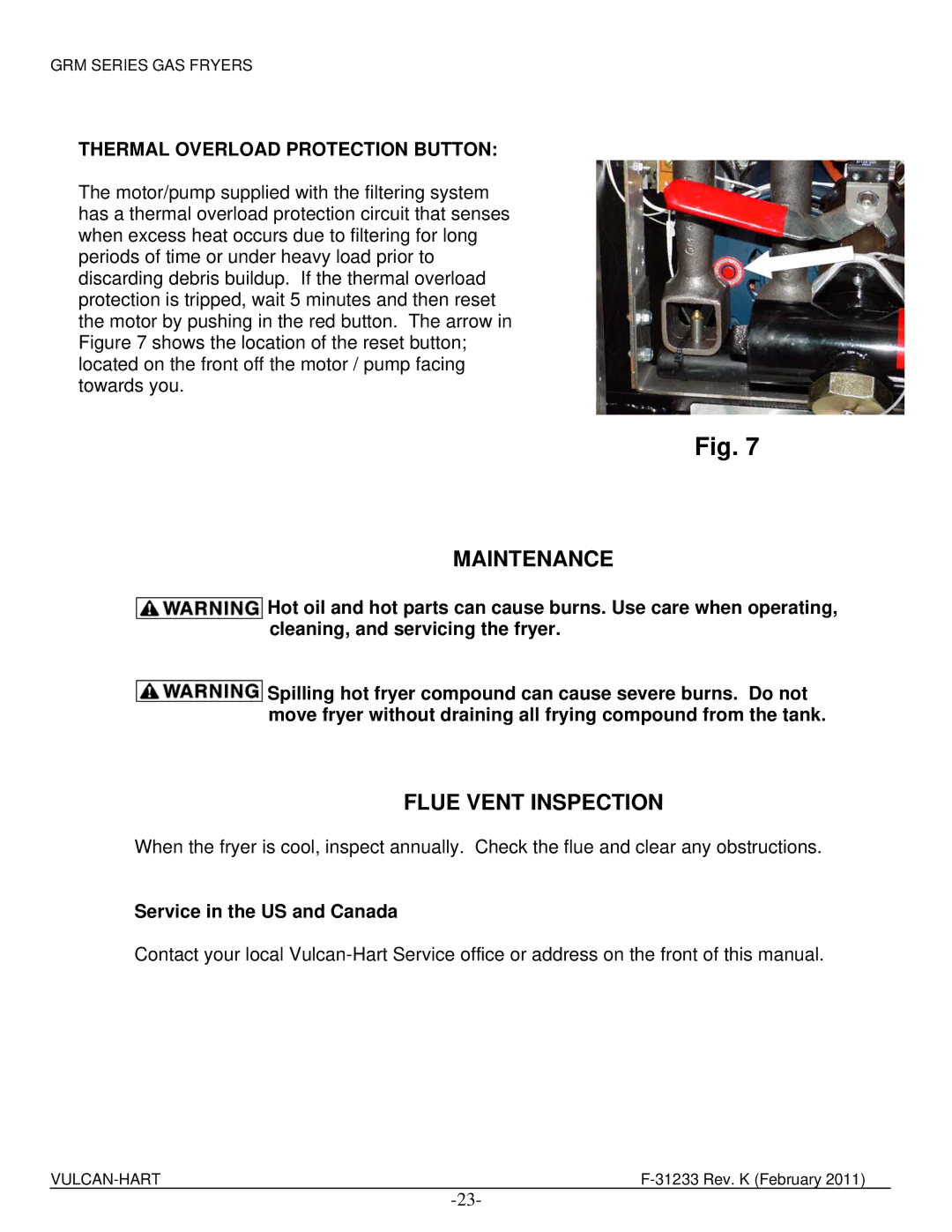 Vulcan-Hart 1GR65MF ML-136786, 4GR45MF ML-136423 Maintenance, Flue Vent Inspection, Thermal Overload Protection Button 