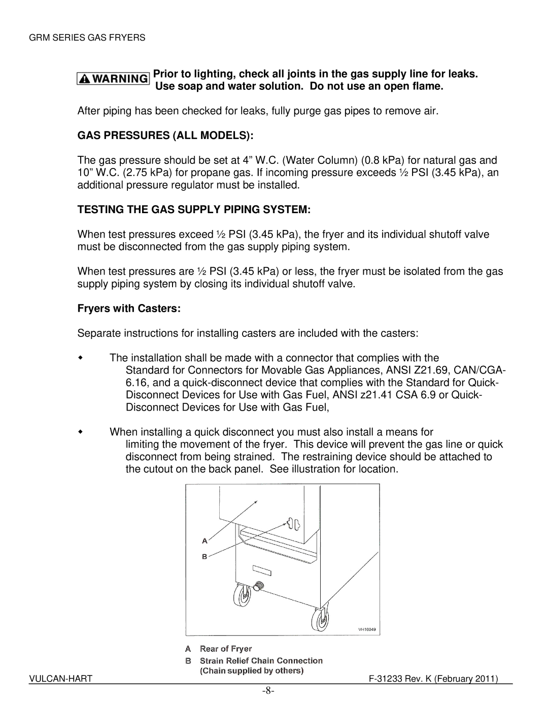 Vulcan-Hart 1GR85M ML-136410 manual GAS Pressures ALL Models, Testing the GAS Supply Piping System, Fryers with Casters 