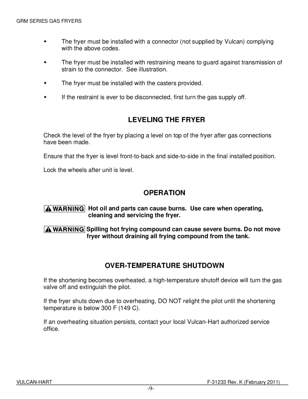 Vulcan-Hart 1GR65MF ML-136786, 4GR45MF ML-136423, 1GR85M ML-136410 Leveling the Fryer, Operation, OVER-TEMPERATURE Shutdown 
