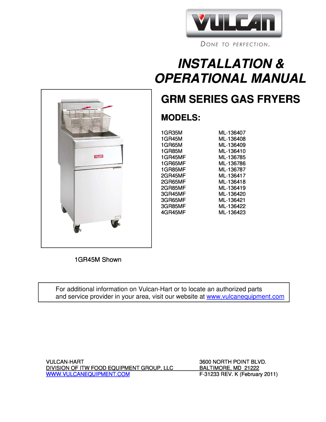 Vulcan-Hart 3GR85MF ML-136422, 4GR45MF ML-136423 manual Models, Installation & Operational Manual, Grm Series Gas Fryers 