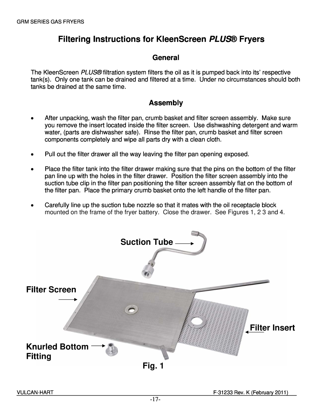 Vulcan-Hart 3GR65MF ML-136421 Suction Tube Filter Screen Filter Insert, Knurled Bottom Fitting Fig, General, Assembly 