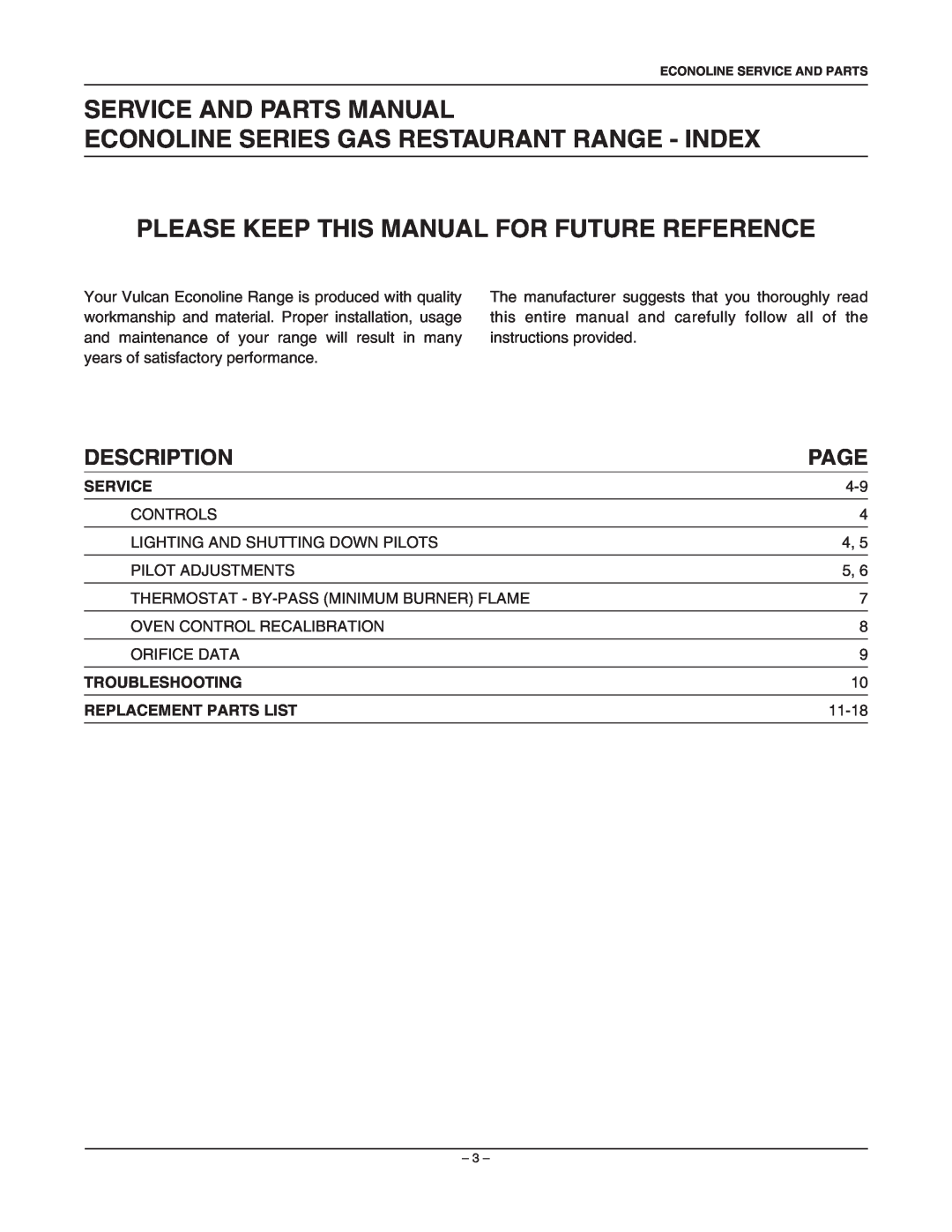 Vulcan-Hart 260L77R, 36L77R Service And Parts Manual, Econoline Series Gas Restaurant Range - Index, Description, Page 