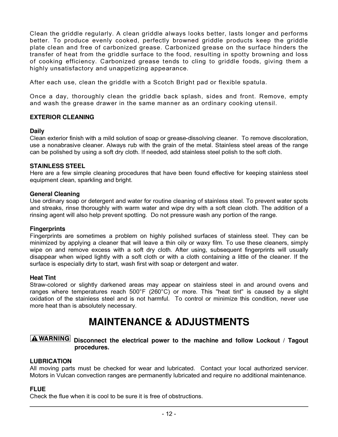 Vulcan-Hart 72(S,C)(S,C), 48(S,C), 24S Maintenance & Adjustments, Exterior Cleaning, Stainless Steel, Lubrication, Flue 