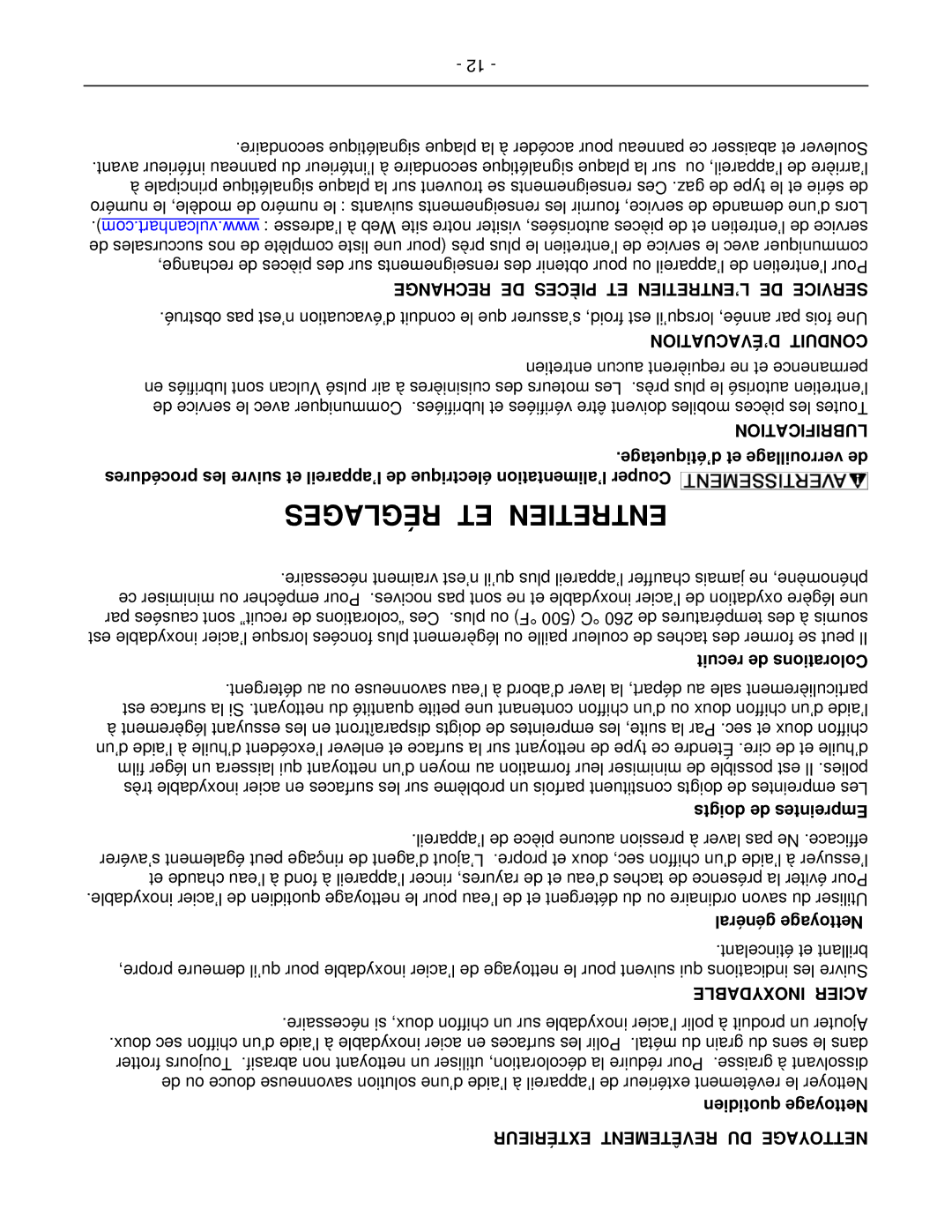 Vulcan-Hart 48(S,C) Réglages ET Entretien, Rechange DE Pièces ET L’ENTRETIEN DE Service, Lubrification, Inoxydable Acier 