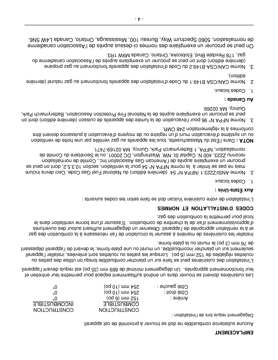 Vulcan-Hart 48(S,C), 72(S,C)(S,C), 60(S,C)(S,C), 24S Canada Au, Unis-États Aux, Normes ET D’INSTALLATION Codes, Emplacement 