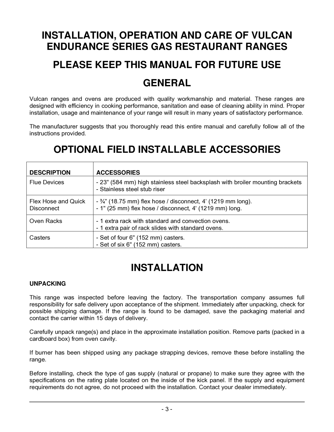 Vulcan-Hart 24S, 72(S,C)(S,C), 48(S,C) Optional Field Installable Accessories, Installation, Description, Unpacking 