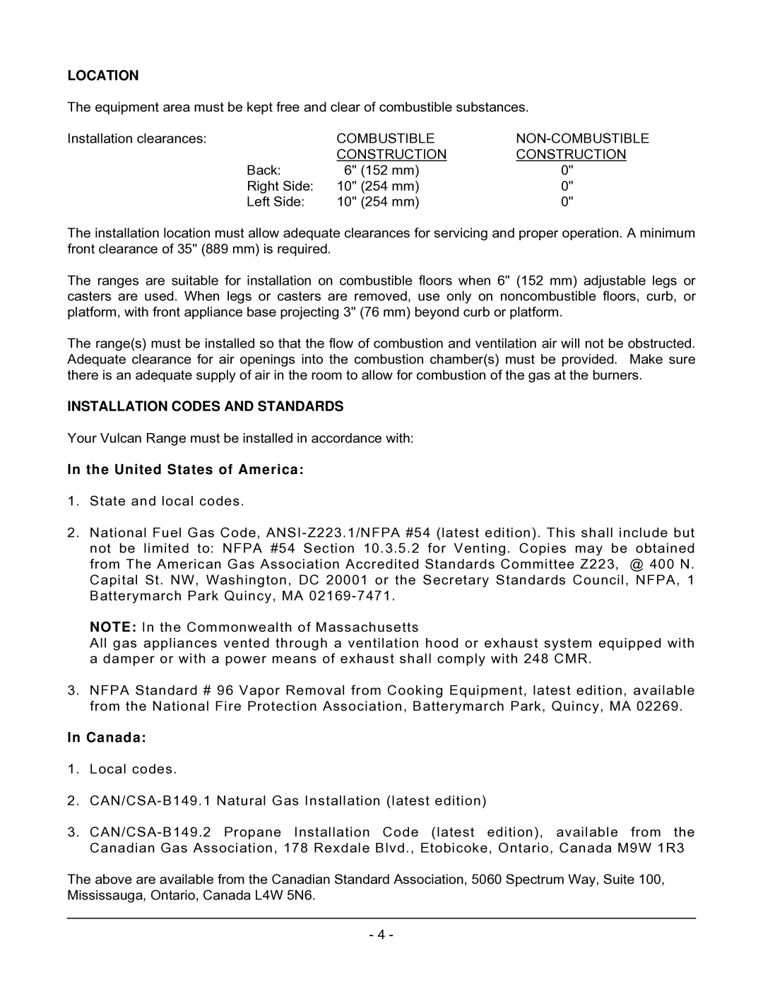 Vulcan-Hart 72(S,C)(S,C), 48(S,C), 24S Location, Installation Codes and Standards, United States of America, Canada 