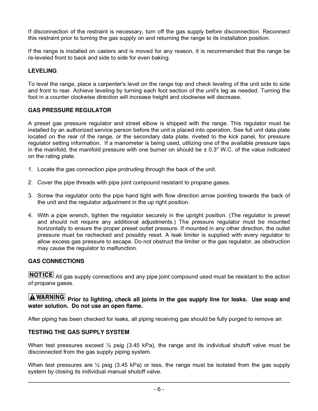 Vulcan-Hart 60(S,C)(S,C), 72(S,C)(S,C) Leveling, GAS Pressure Regulator, GAS Connections, Testing the GAS Supply System 