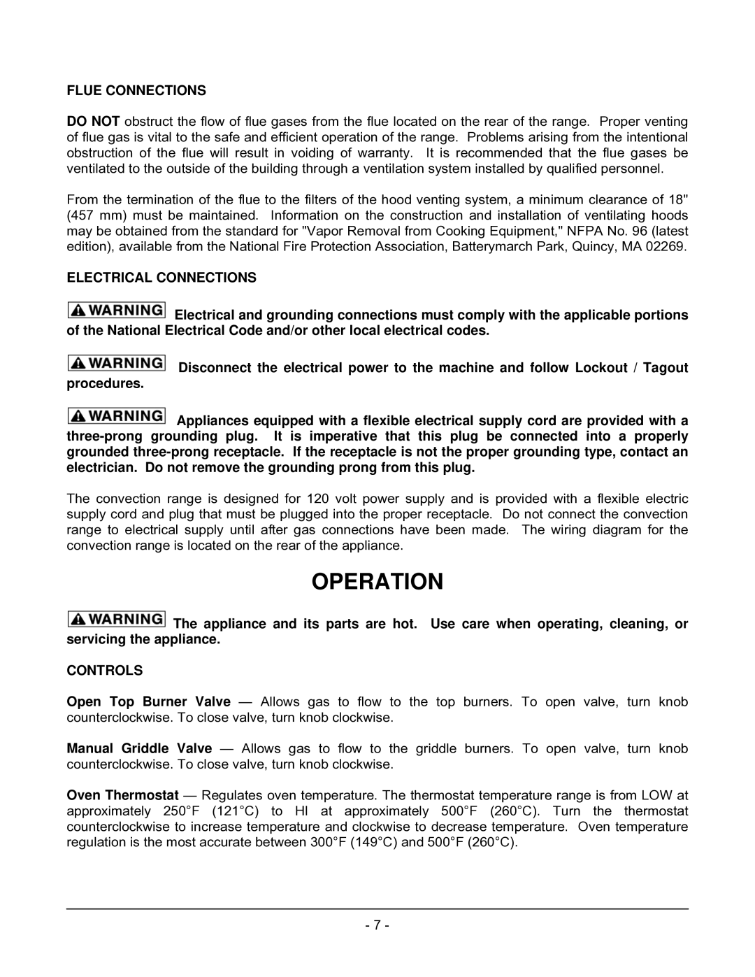 Vulcan-Hart 24S, 72(S,C)(S,C), 48(S,C), 60(S,C)(S,C) Operation, Flue Connections, Electrical Connections, Controls 