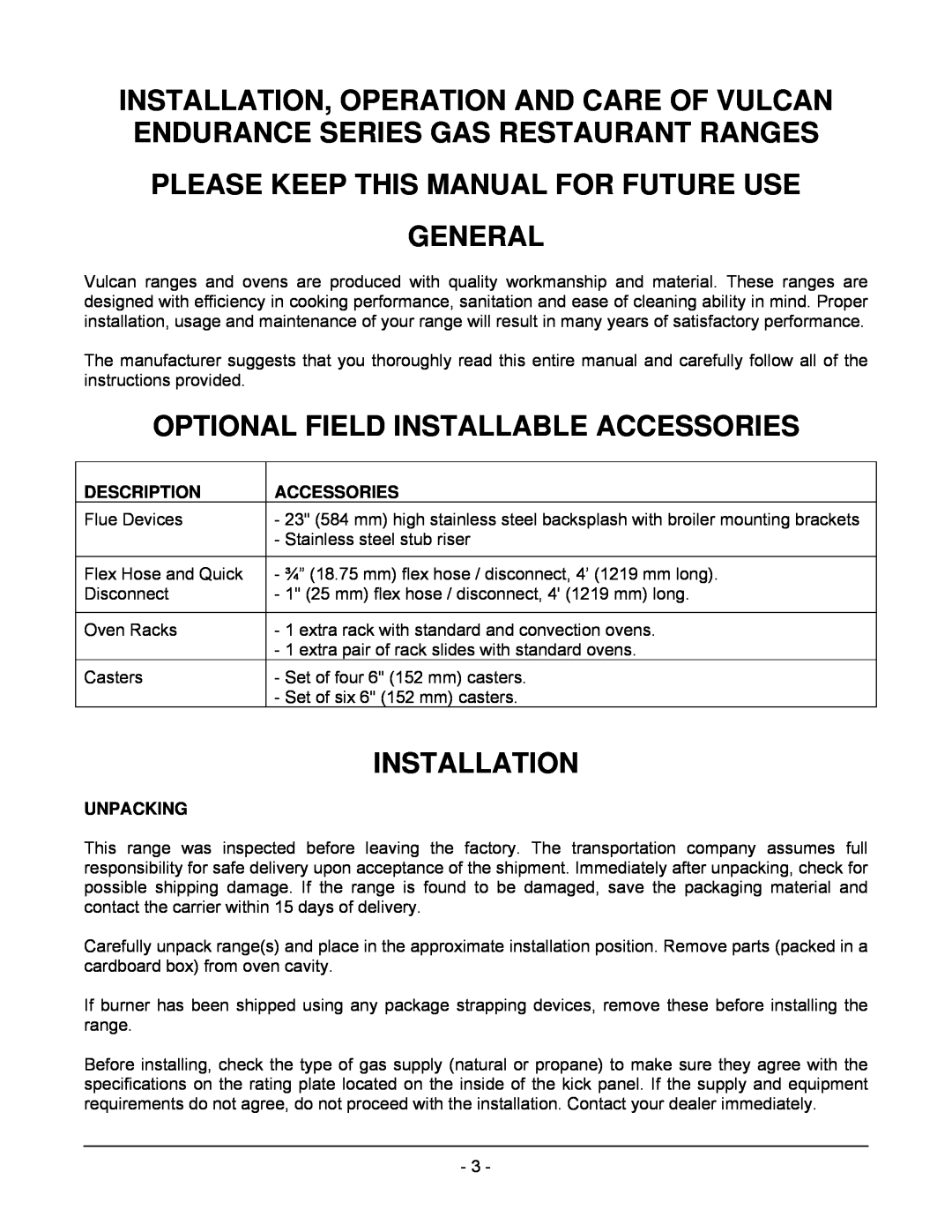 Vulcan-Hart 24S Please Keep This Manual For Future Use General, Optional Field Installable Accessories, Installation 