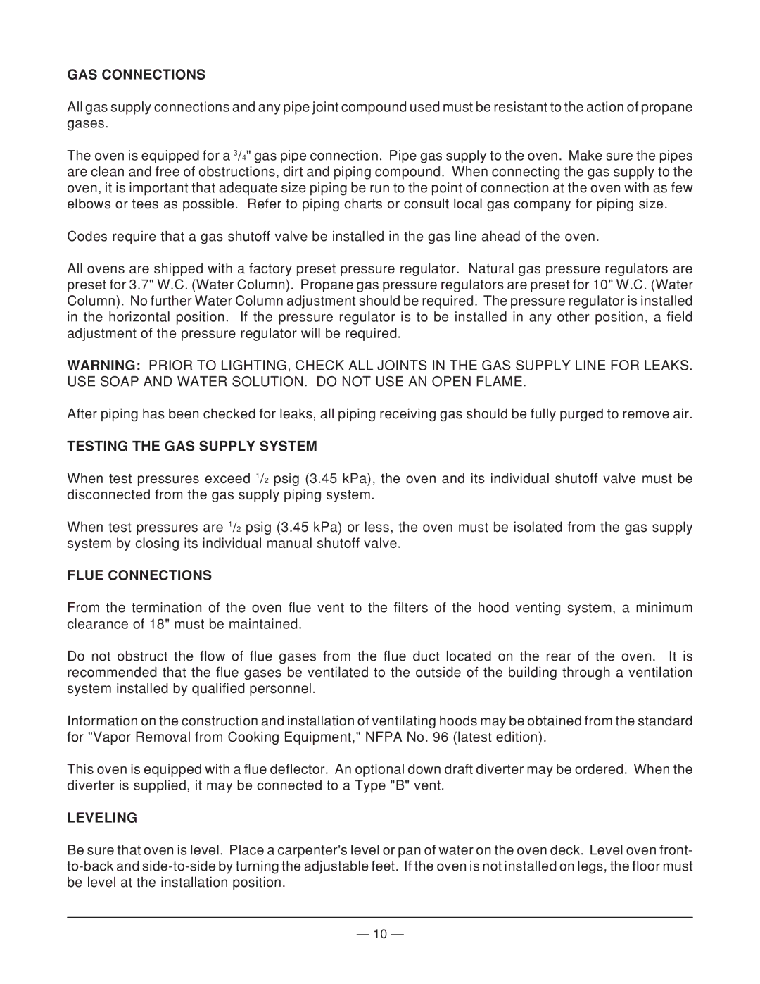 Vulcan-Hart 7099A1 ML-104498, 7888A1 ML-104493 GAS Connections, Testing the GAS Supply System, Flue Connections, Leveling 