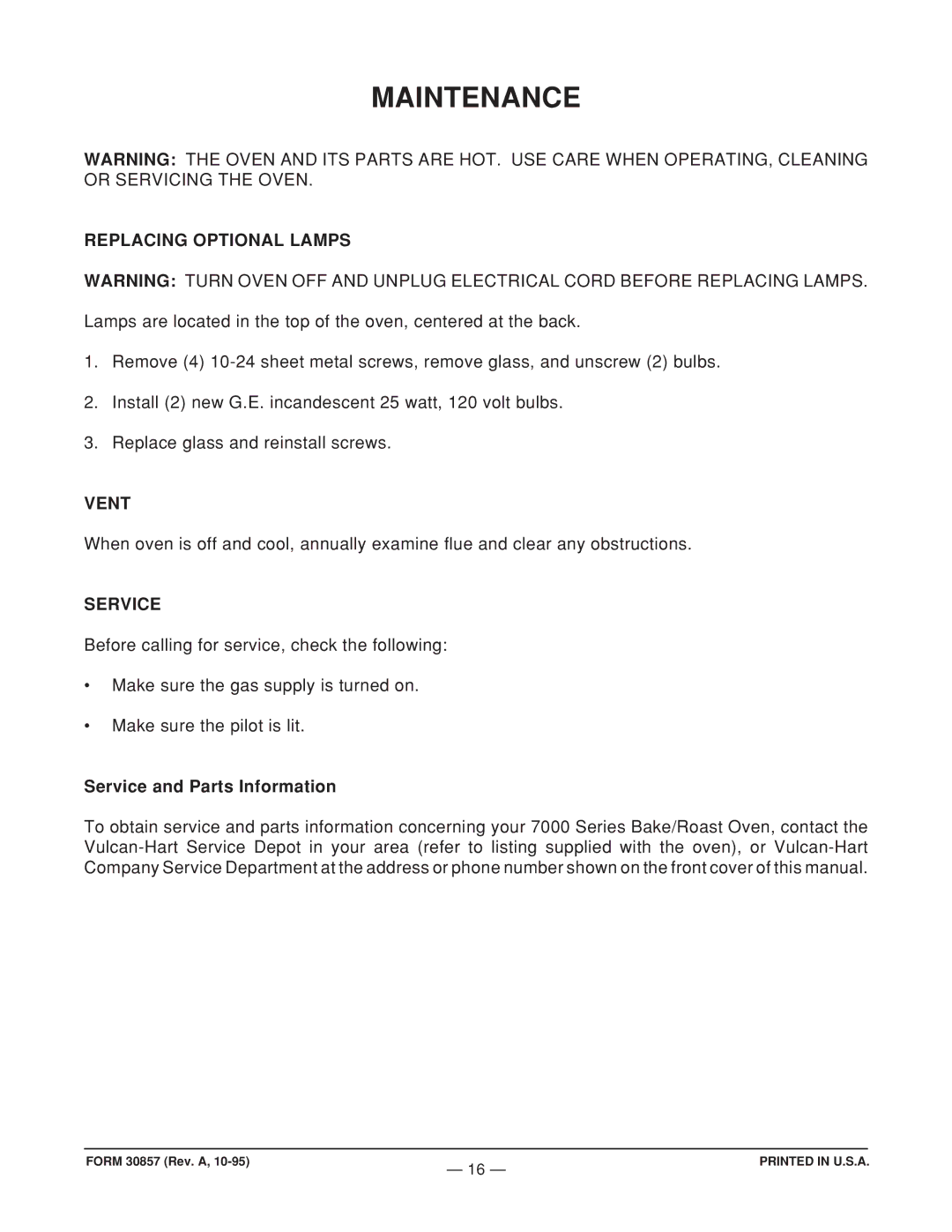 Vulcan-Hart 7988A1 ML-104502 Maintenance, Replacing Optional Lamps, Vent, Service and Parts Information 