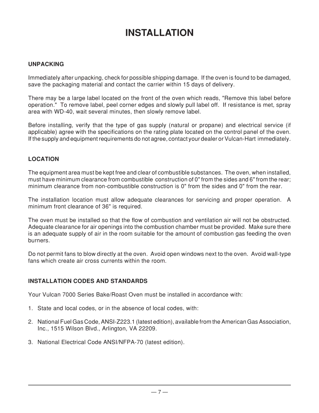 Vulcan-Hart 7998A1 ML-104503, 7888A1 ML-104493, 7019A1 ML-104497 Unpacking, Location, Installation Codes and Standards 