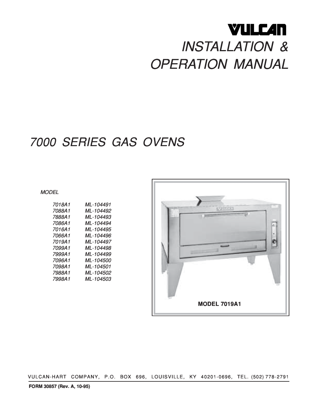 Vulcan-Hart 7019A1 ML-104497 operation manual Series Gas Ovens, MODEL 7019A1, 7988A1 ML-104502 7998A1 ML-104503 