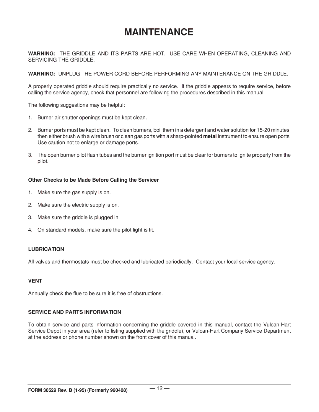 Vulcan-Hart 972A ML-52608 Maintenance, Other Checks to be Made Before Calling the Servicer, Lubrication, Vent 