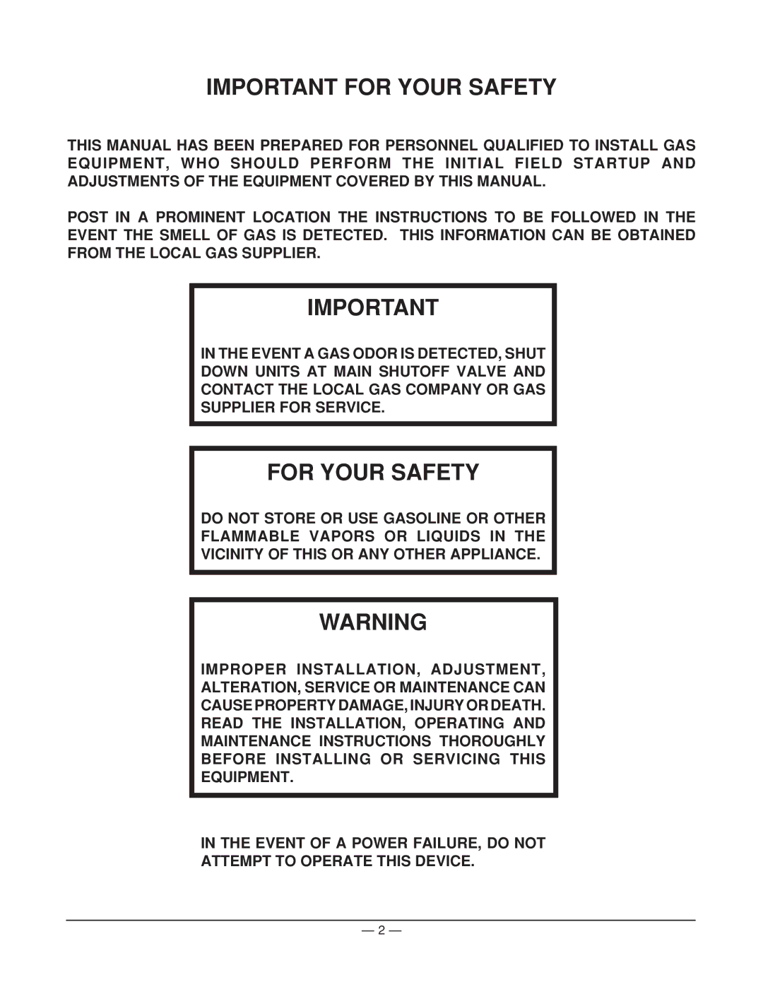 Vulcan-Hart 902A ML-52630, 936A ML-52596, 960A ML-52604, 948A ML-52600 Important for Your Safety, For Your Safety 