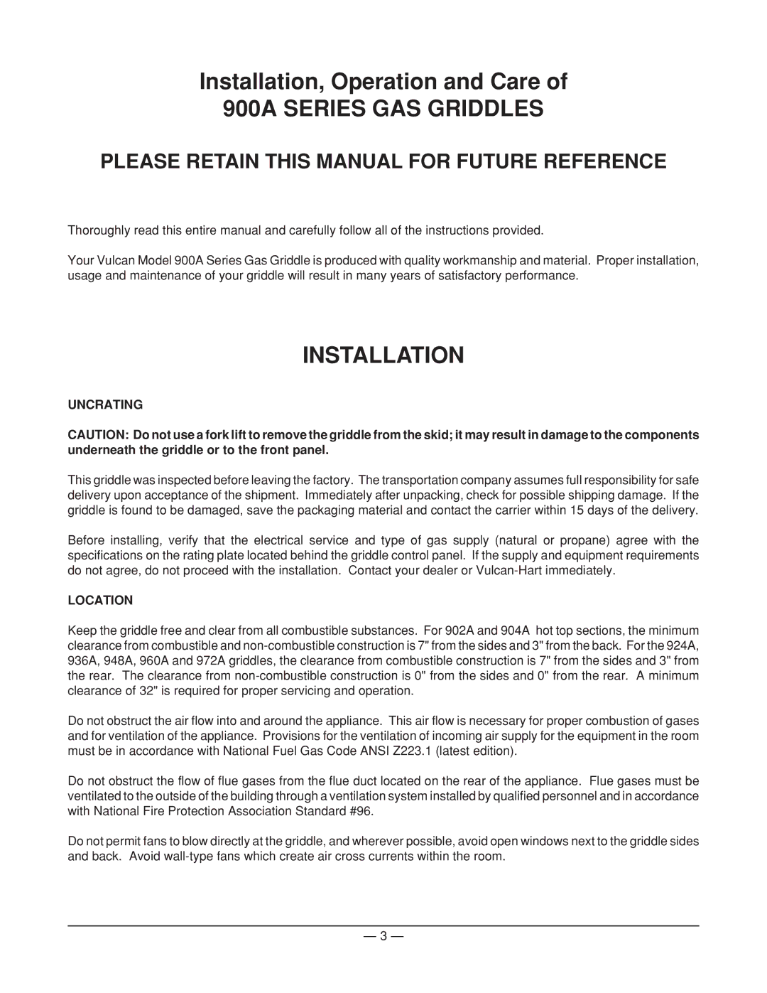 Vulcan-Hart 948A ML-52600, 936A ML-52596, 960A ML-52604 900A Series GAS Griddles, Installation, Uncrating, Location 