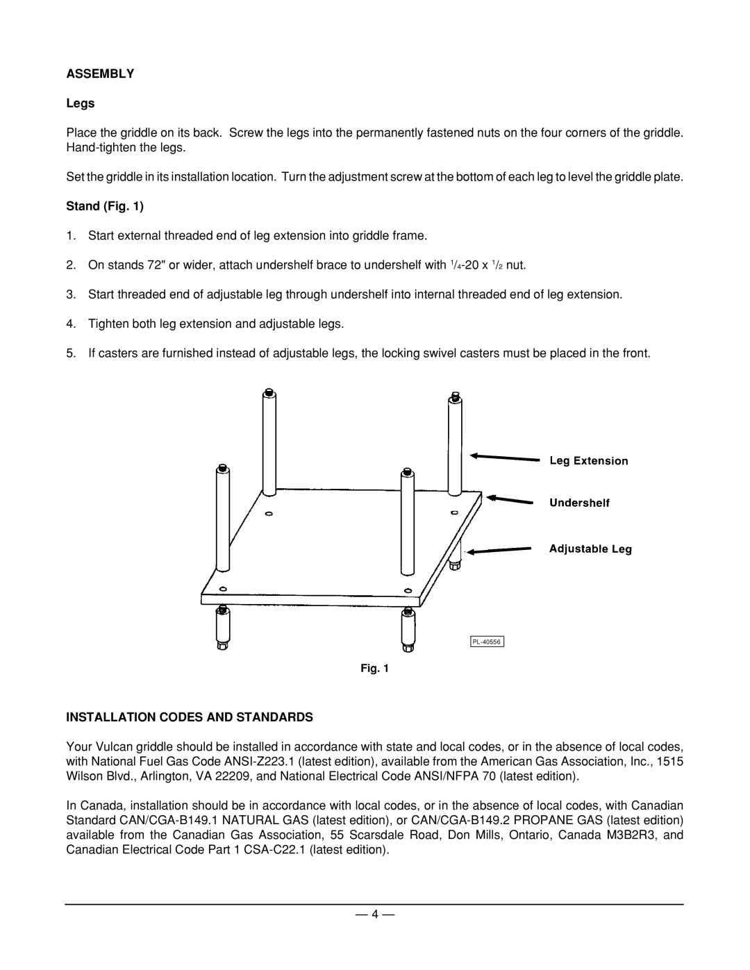 Vulcan-Hart 904A ML-52631, 936A ML-52596, 960A ML-52604 Assembly, Legs, Stand Fig, Installation Codes and Standards 