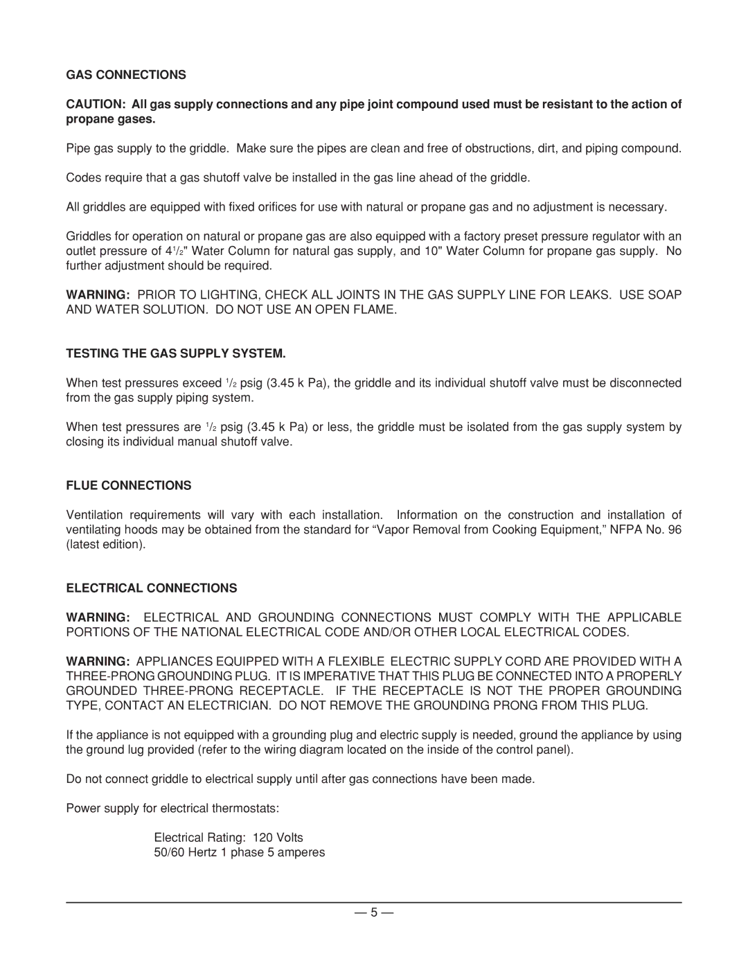 Vulcan-Hart 972A ML-52608 GAS Connections, Testing the GAS Supply System, Flue Connections, Electrical Connections 