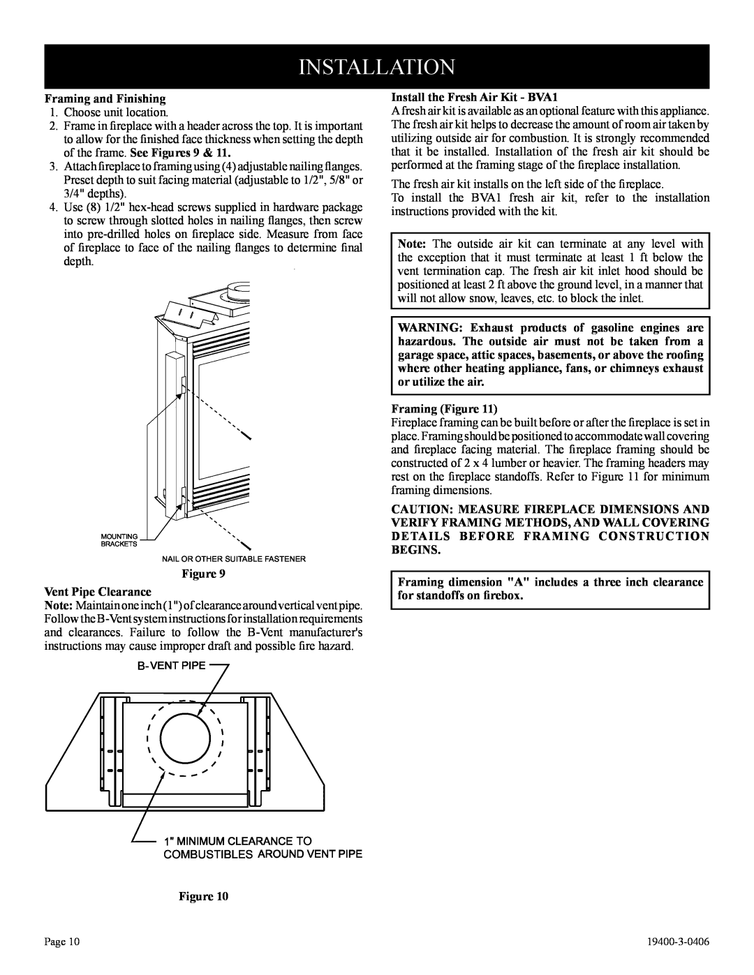 Vulcan-Hart BVD36FP32(F,L)N-1 Installation, Framing and Finishing, Figure Vent Pipe Clearance, Framing Figure 