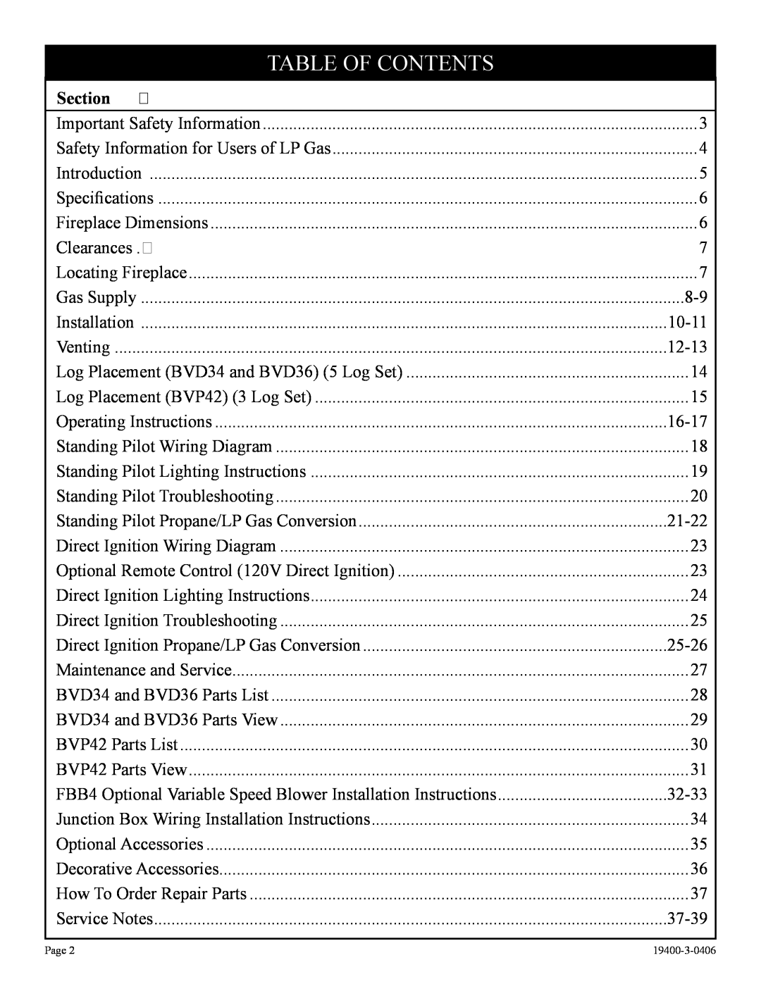 Vulcan-Hart BVP42FP32(F,L)N-1, BVP42FP52(F,L)N-1, BVD34FP50(F,L)N-1, BVD36FP52(F,L)N-1 Table Of Contents, Section 