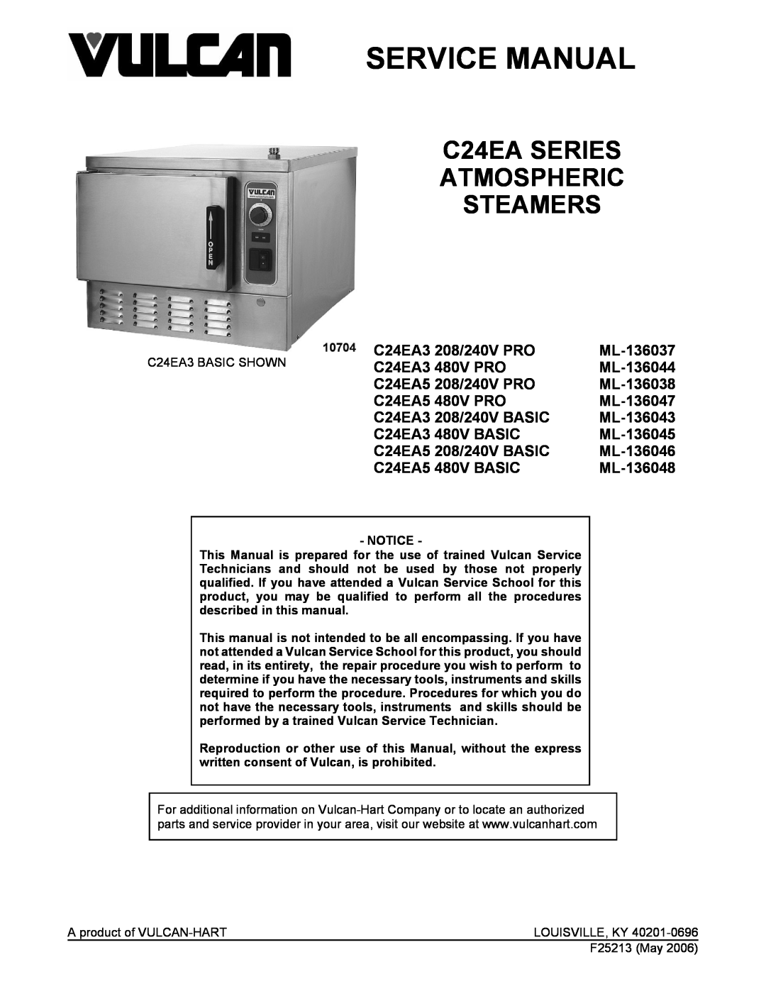 Vulcan-Hart C24EA5 480V PRO, C24EA5 480V BASIC service manual C24EA SERIES ATMOSPHERIC STEAMERS, Service Manual 