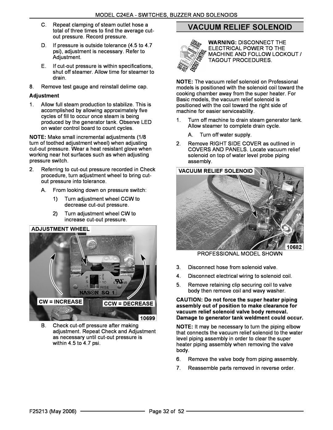 Vulcan-Hart C24EA5 480V BASIC Vacuum Relief Solenoid, Adjustment, Damage to generator tank weldment could occur 