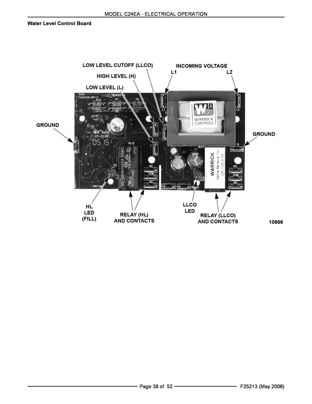 Vulcan-Hart C24EA5 208/240V BASIC MODEL C24EA - ELECTRICAL OPERATION, Water Level Control Board, Page 39 of, F25213 May 
