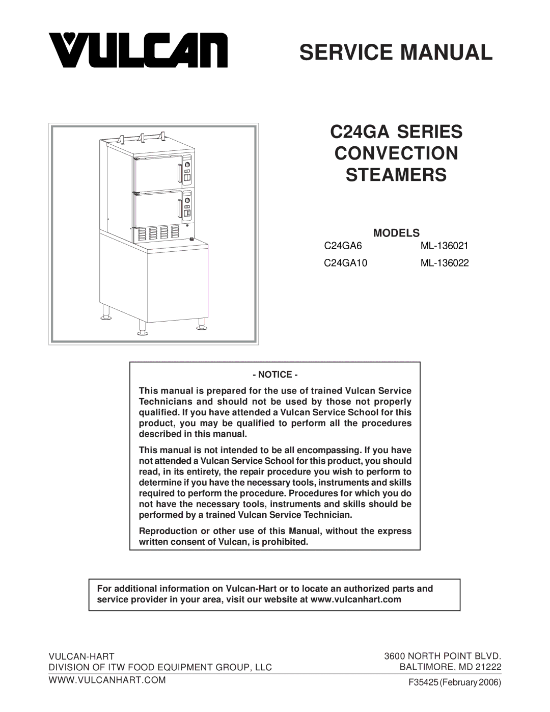 Vulcan-Hart C24GA6 ML-136021, C24GA10 ML-136022, C24GA6, C24GA10, ML-136021, ML-136022 service manual Convection, Steamers 