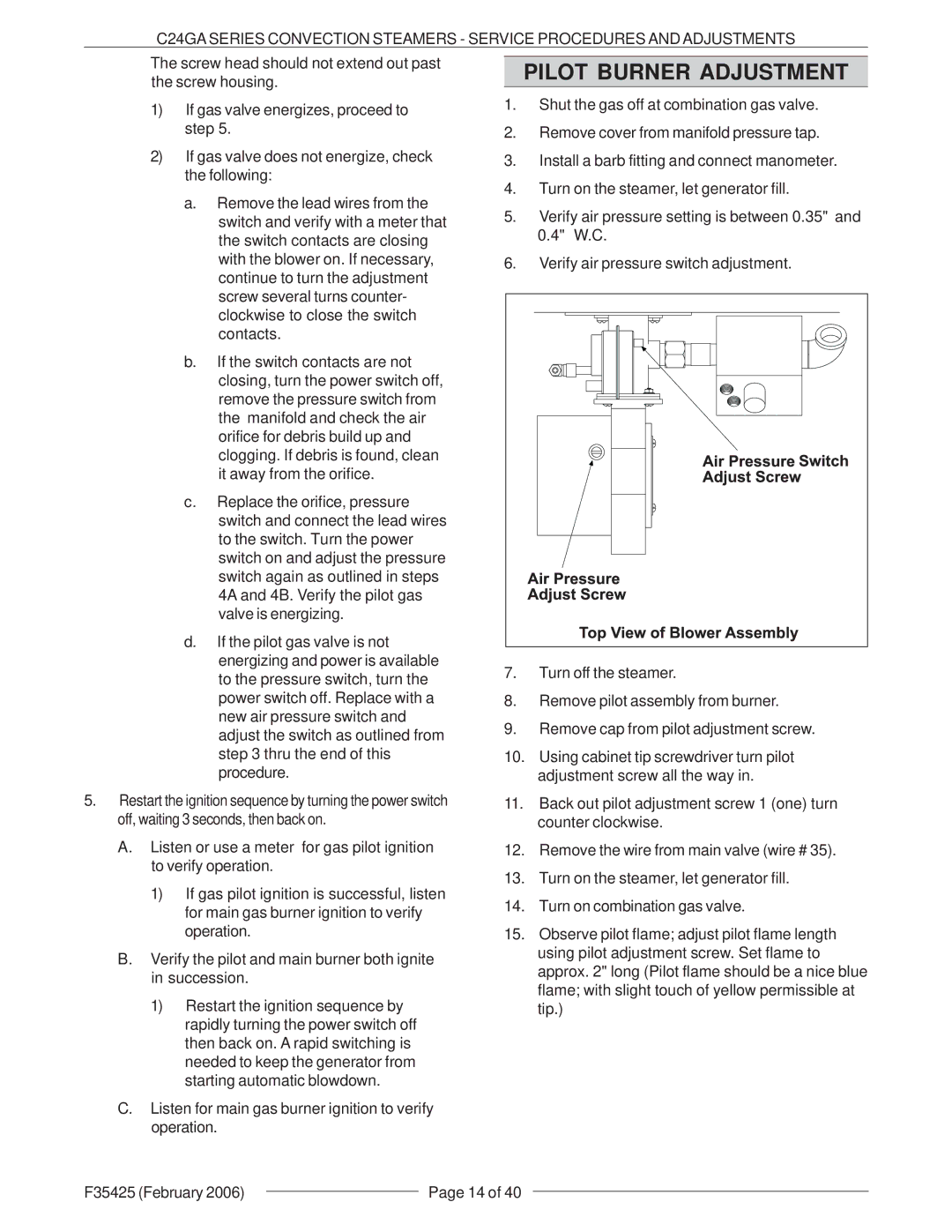 Vulcan-Hart C24GA6, C24GA10, ML-136021, ML-136022, C24GA6 ML-136021, C24GA10 ML-136022 Pilot Burner Adjustment 