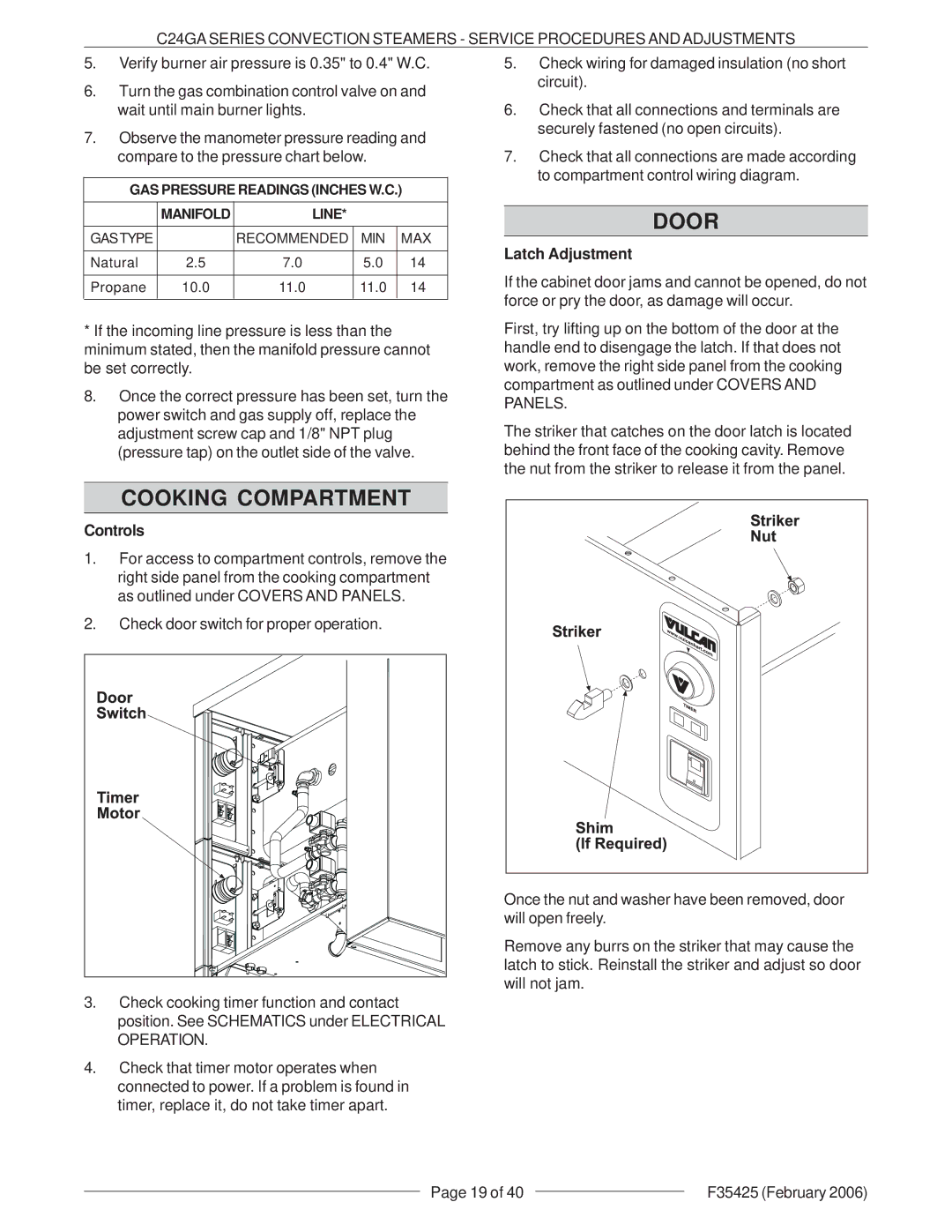 Vulcan-Hart C24GA6 ML-136021, C24GA10 ML-136022 service manual Cooking Compartment, Latch Adjustment, Controls 