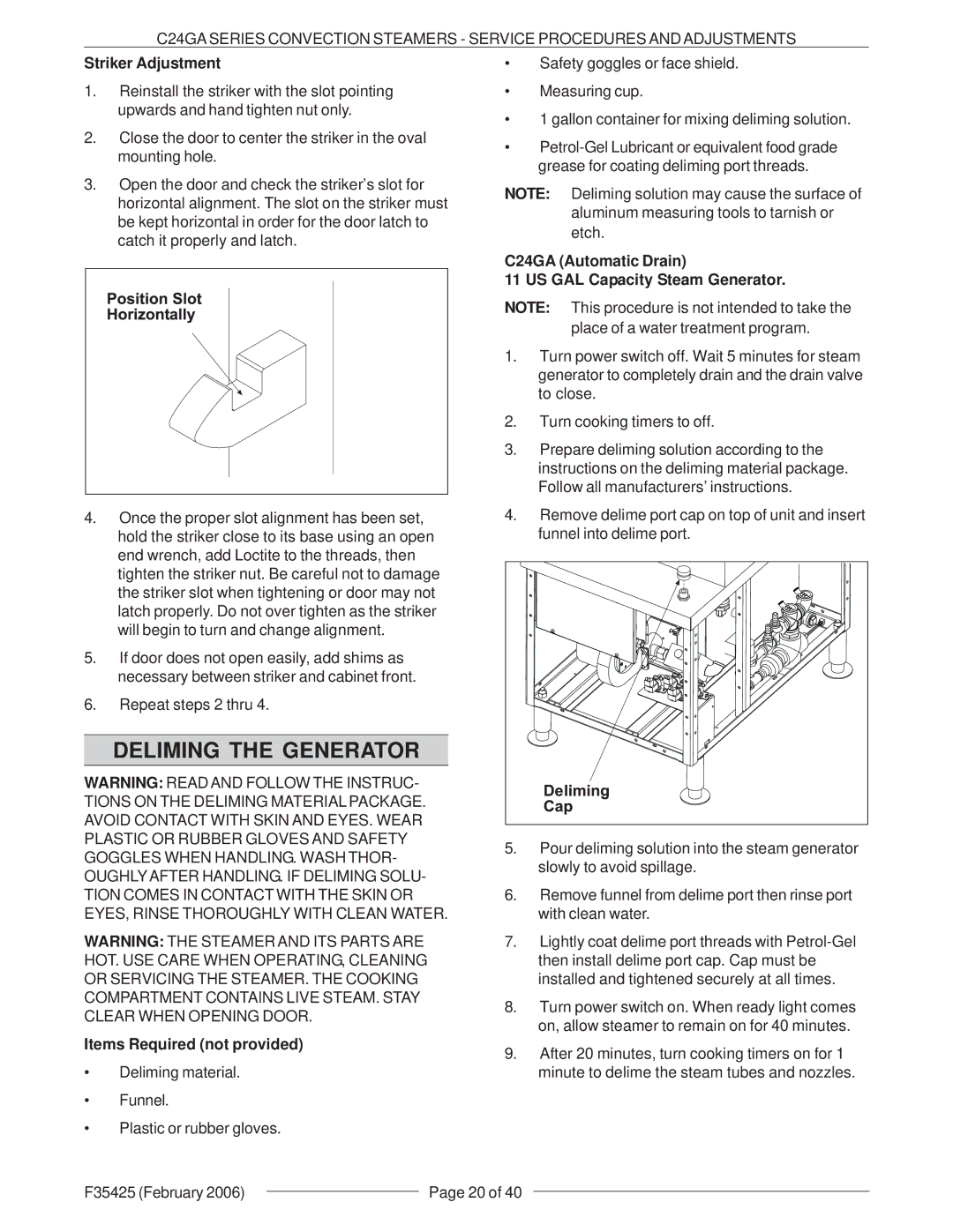 Vulcan-Hart C24GA6, C24GA10, ML-136021, ML-136022 Deliming the Generator, Striker Adjustment, Items Required not provided 