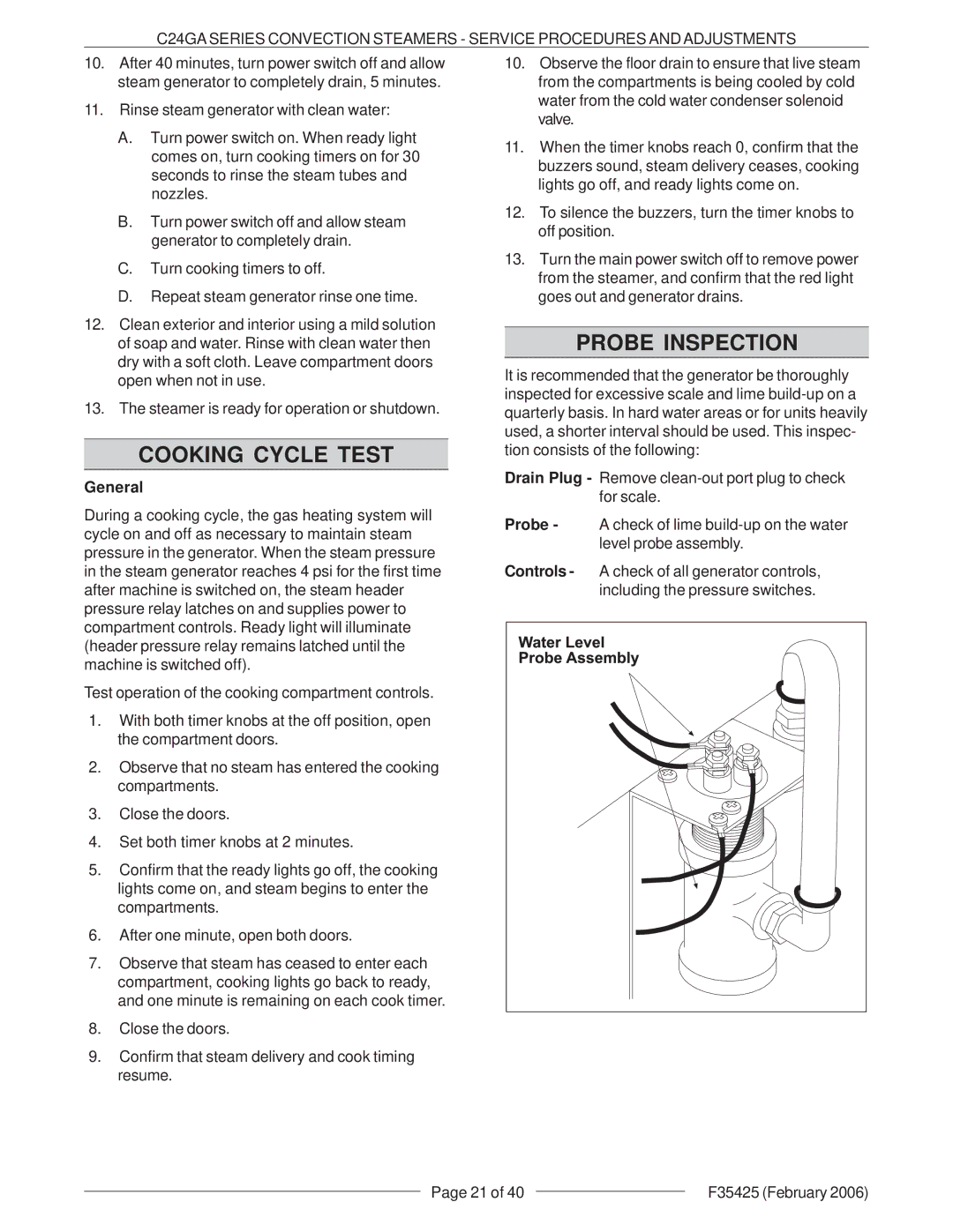 Vulcan-Hart C24GA6 ML-136021, C24GA10 ML-136022 service manual Cooking Cycle Test, Probe Inspection, General 