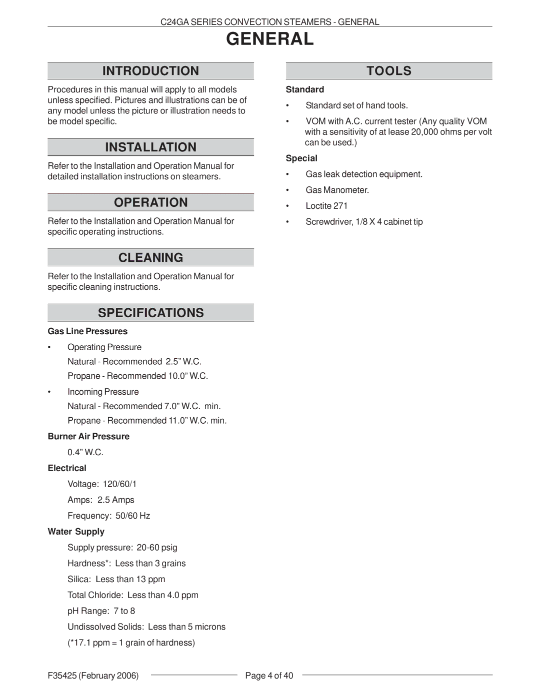 Vulcan-Hart C24GA6, C24GA10, ML-136021, ML-136022 General, Introduction, Installation Operation Cleaning Specifications 