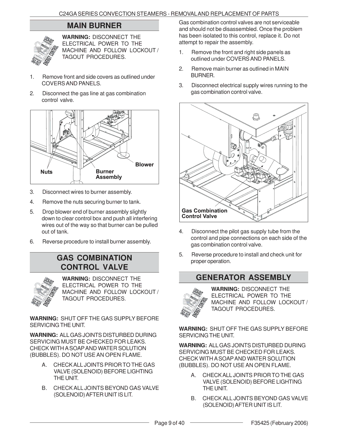 Vulcan-Hart C24GA6 ML-136021, C24GA10 ML-136022 Main Burner, GAS Combination Control Valve, Generator Assembly 