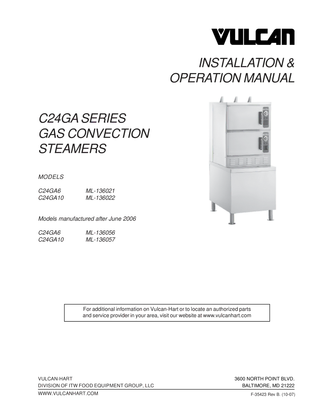 Vulcan-Hart C24GA6 ML-136056, C24GA6 ML-136021 operation manual Installation C24GA Series GAS Convection Steamers 