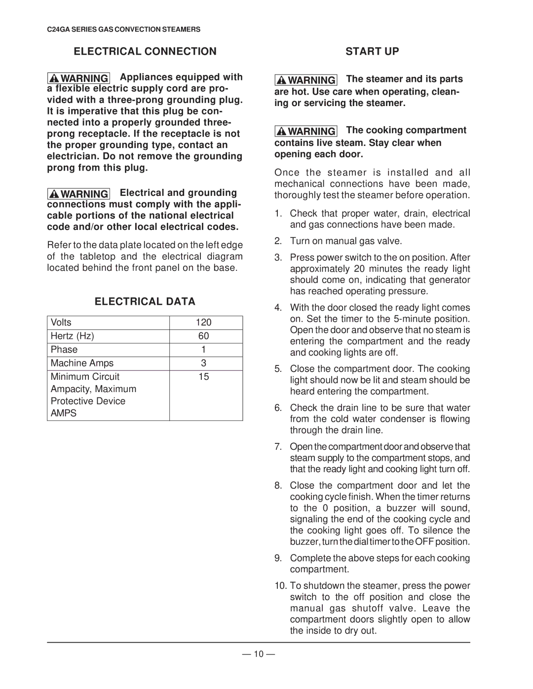 Vulcan-Hart C24GA10 ML-136057, C24GA6 ML-136021, C24GA6 ML-136056 Electrical Connection, Electrical Data, Start UP 