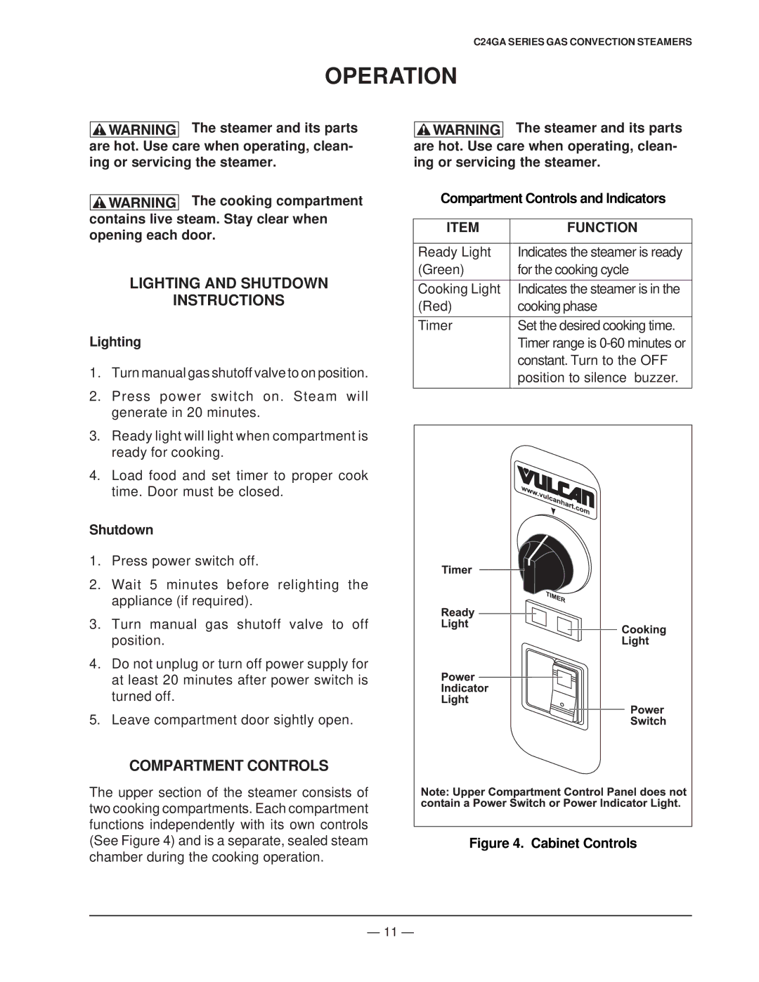 Vulcan-Hart C24GA10 ML-136022 Operation, Lighting and Shutdown Instructions, Compartment Controls, Function 