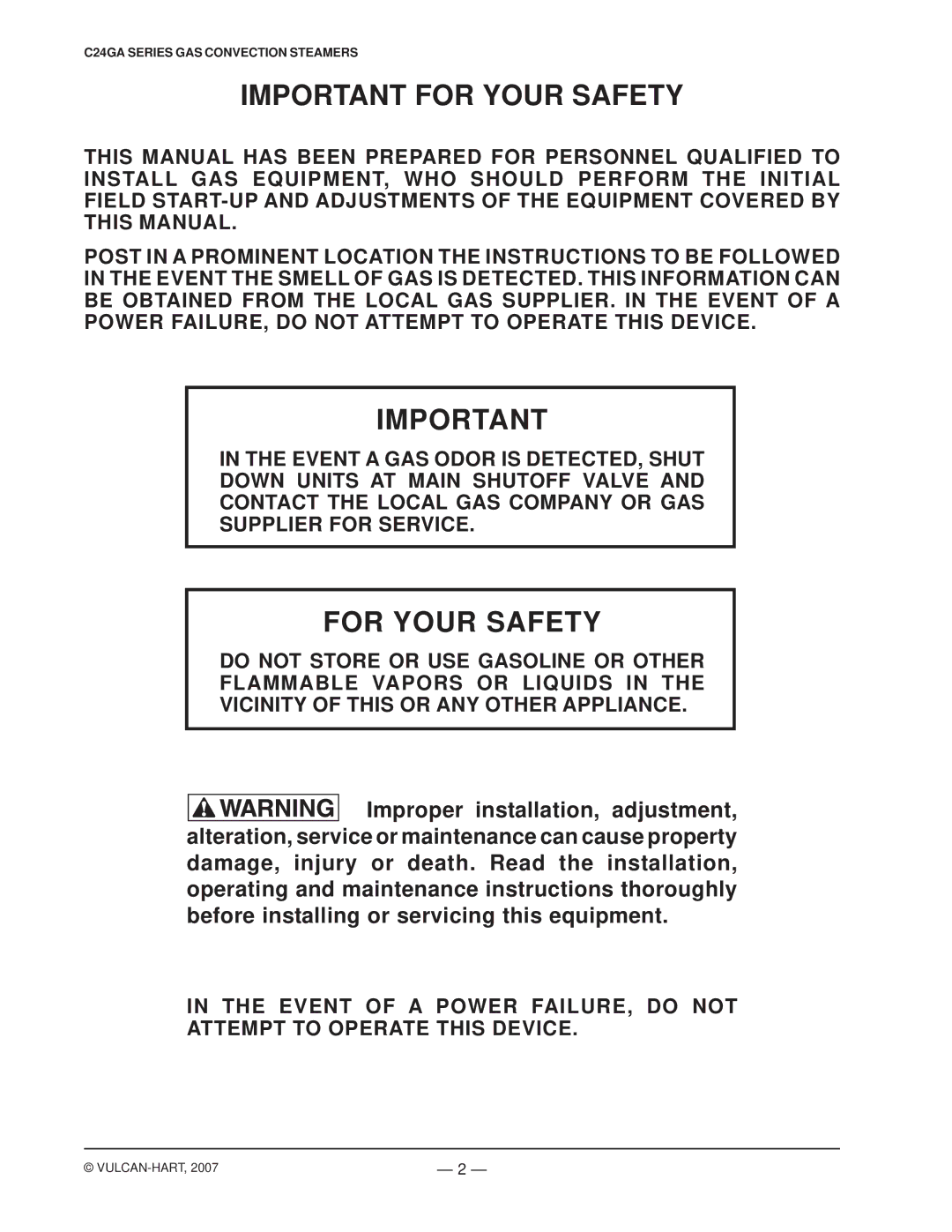 Vulcan-Hart C24GA10 ML-136057, C24GA6 ML-136021, C24GA6 ML-136056 operation manual Important for Your Safety, For Your Safety 