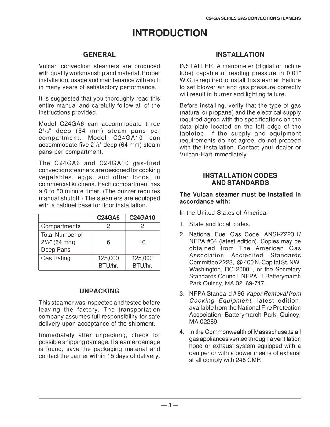 Vulcan-Hart C24GA10 ML-136022, C24GA6 ML-136021 Introduction, General, Unpacking, Installation Codes Standards 