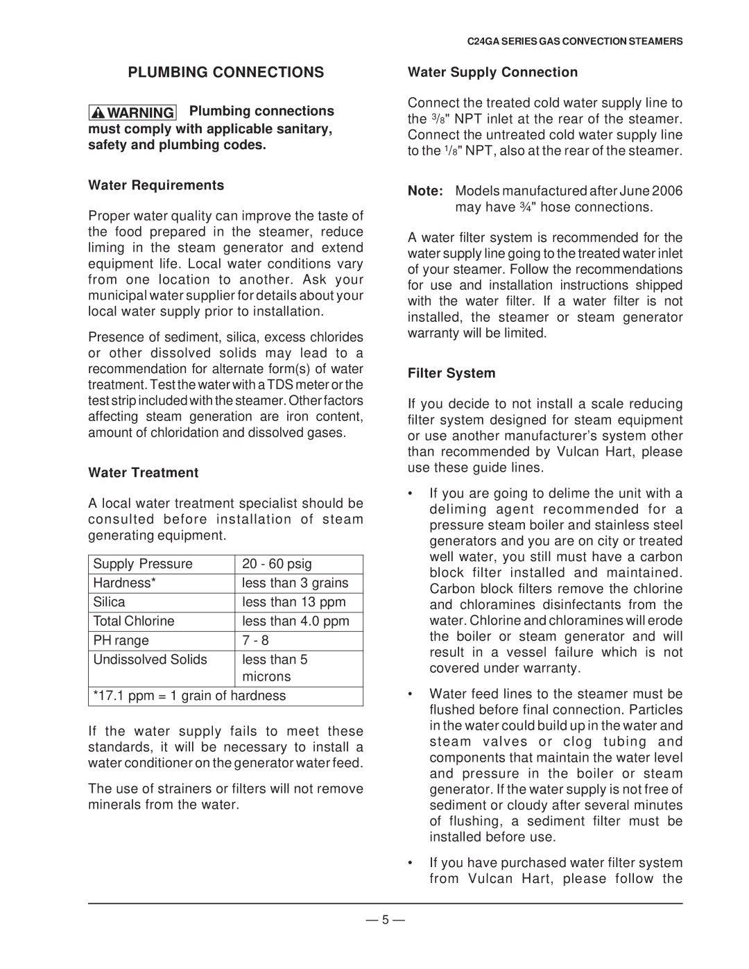 Vulcan-Hart C24GA6 ML-136056 operation manual Plumbing Connections, Water Treatment, Water Supply Connection, Filter System 