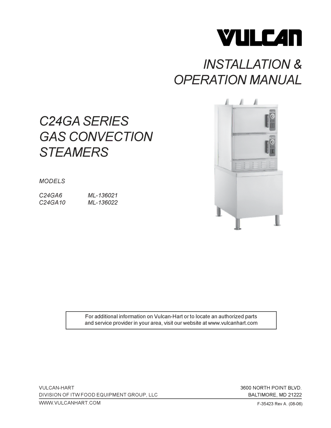 Vulcan-Hart ML-136022, C24GA6, ML-136021, C24GA10 operation manual Installation C24GA Series GAS Convection Steamers 