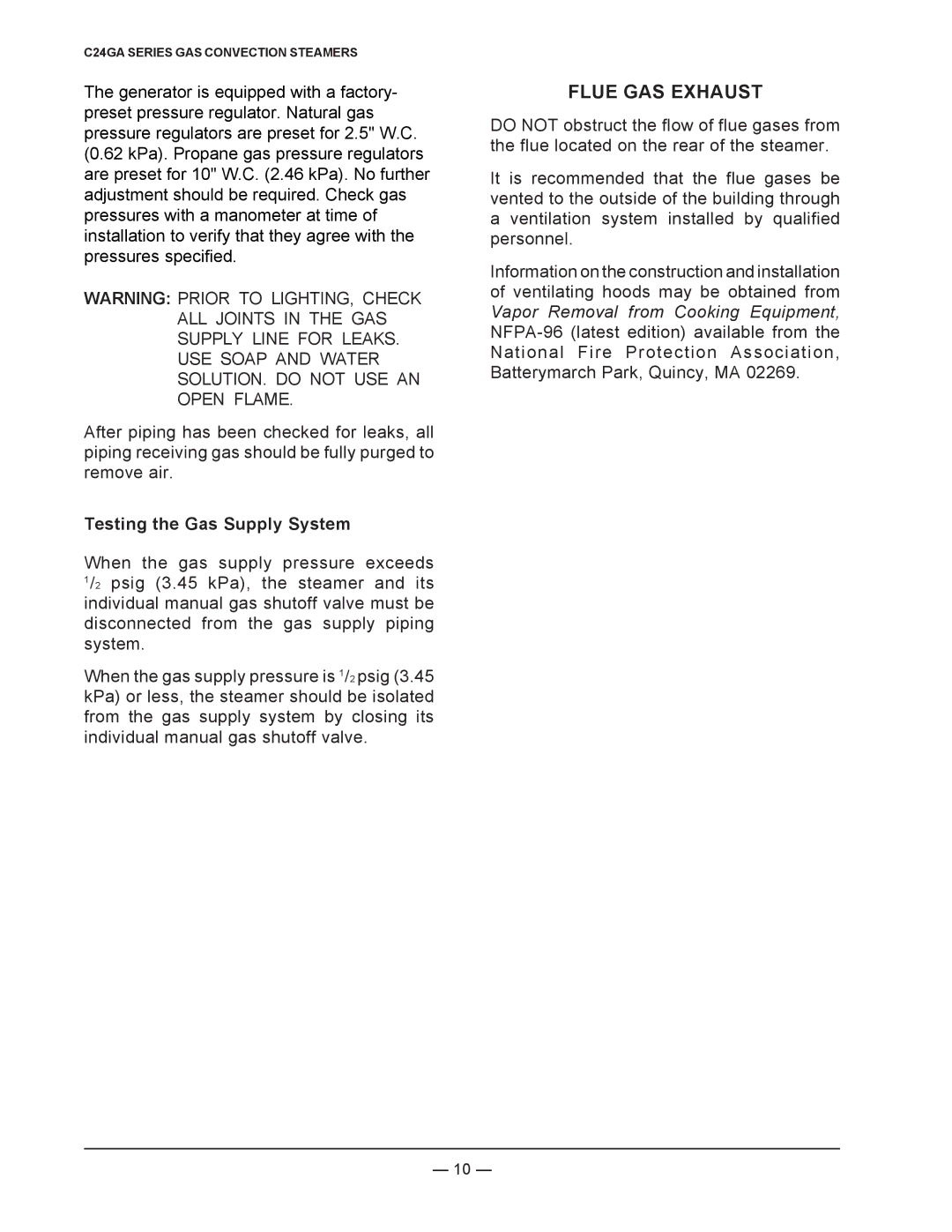 Vulcan-Hart ML-136021, C24GA6, ML-136022, C24GA10 operation manual Flue GAS Exhaust, Testing the Gas Supply System 