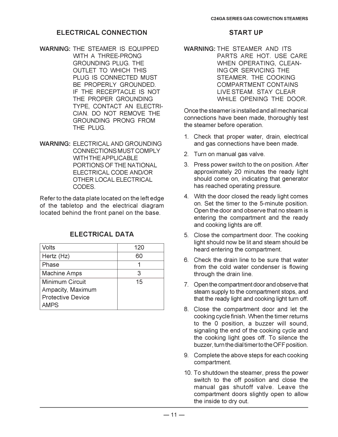 Vulcan-Hart C24GA10, C24GA6, ML-136022, ML-136021 operation manual Electrical Connection, Electrical Data, Start UP 