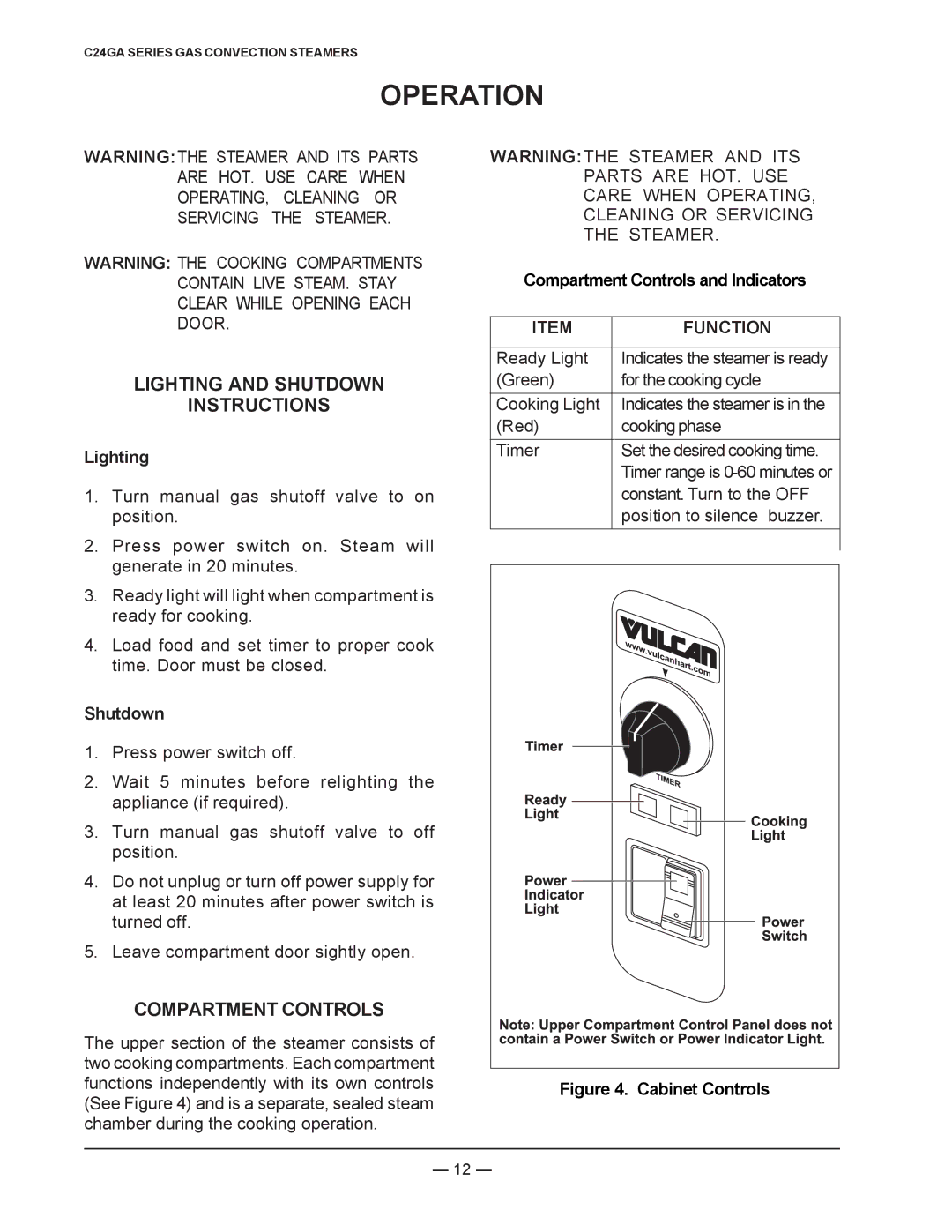 Vulcan-Hart C24GA6, ML-136022, ML-136021 Operation, Lighting and Shutdown Instructions, Compartment Controls, Function 